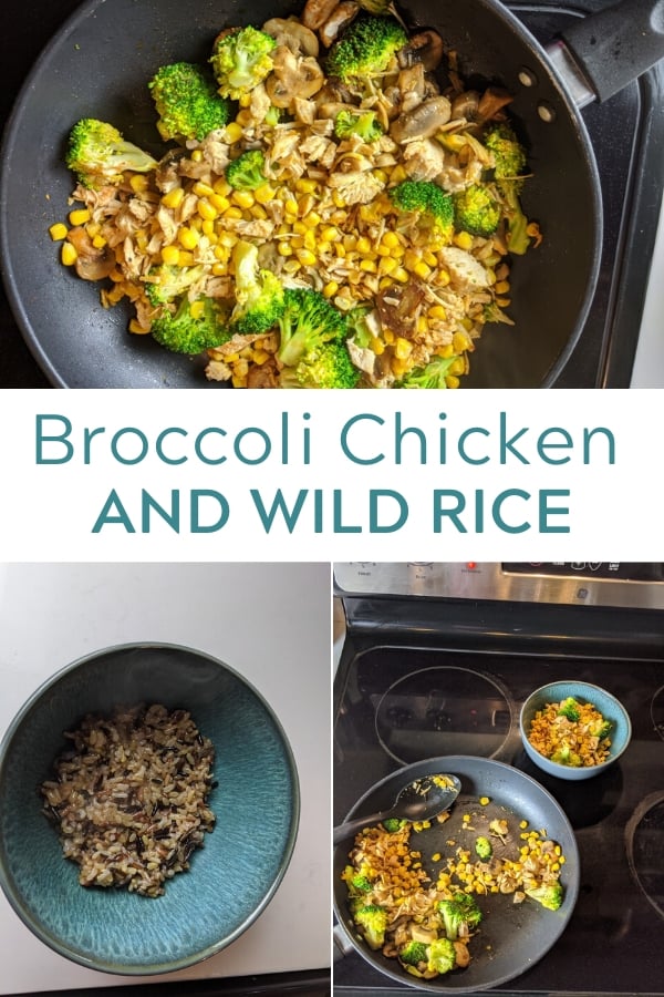 broccoli chicken and wild rice in a skillet, Rice in a bowl and broccoli chicken and wild rice on a stove