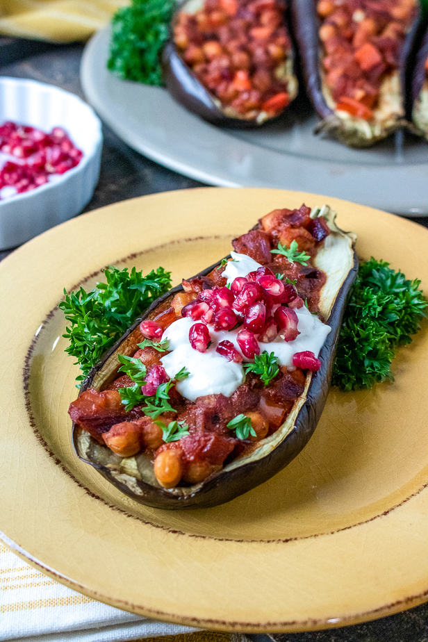 Stuffed Eggplant with Pomegranate & Tahini