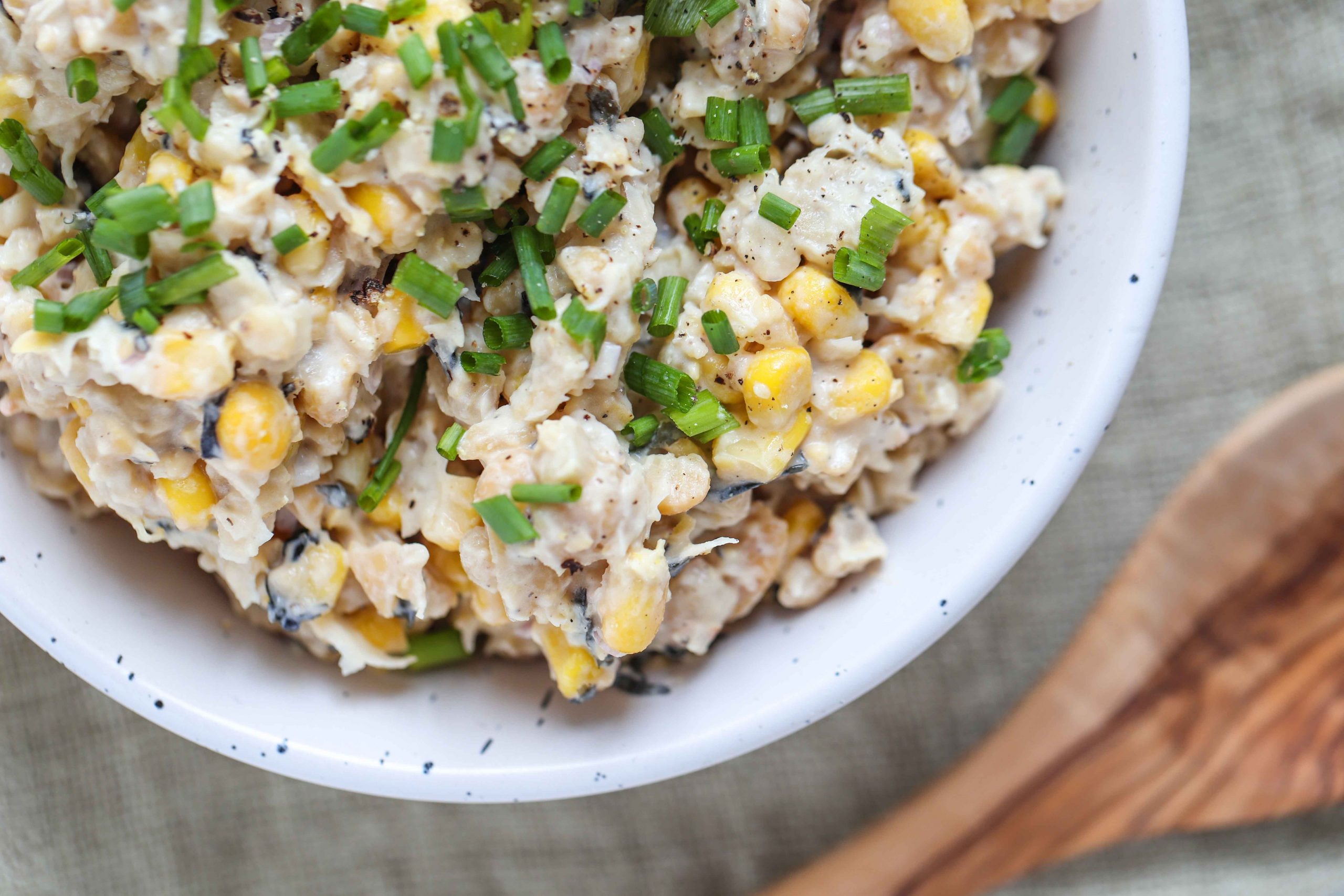 Bowl of vegan tuna salad with corn