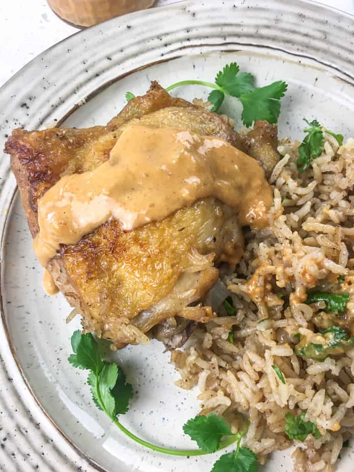 White plate with a chicken thigh covered in sauce, wild rice also with sauce and some greens for garnish. 