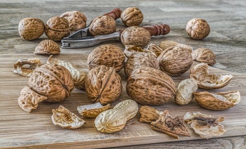 A bunch of walnuts in their shells on a wooden table. There's a nut cracker in the background.