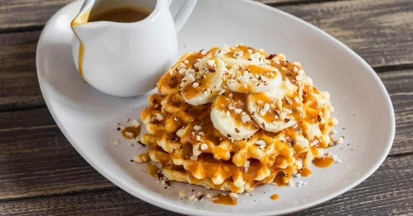 MINI PUMPKIN WAFFLES WITH CARAMELIZED BANANAS