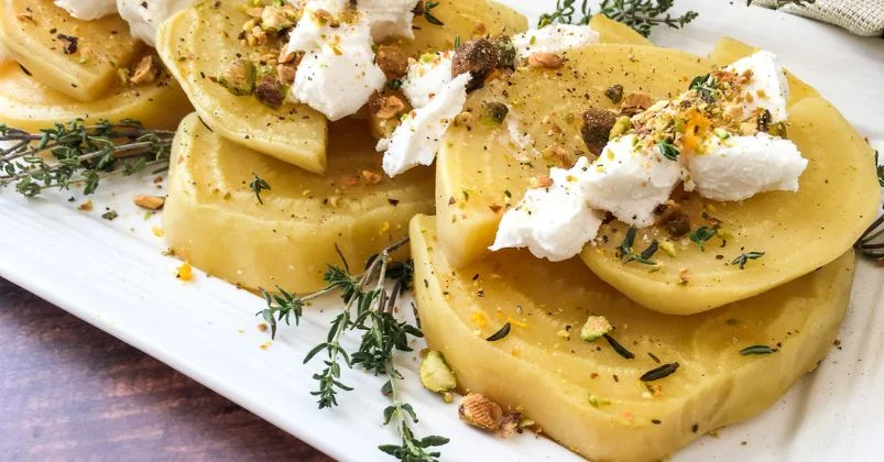 Sous Vide Golden Beet Salad with Goat Cheese and Pistachios